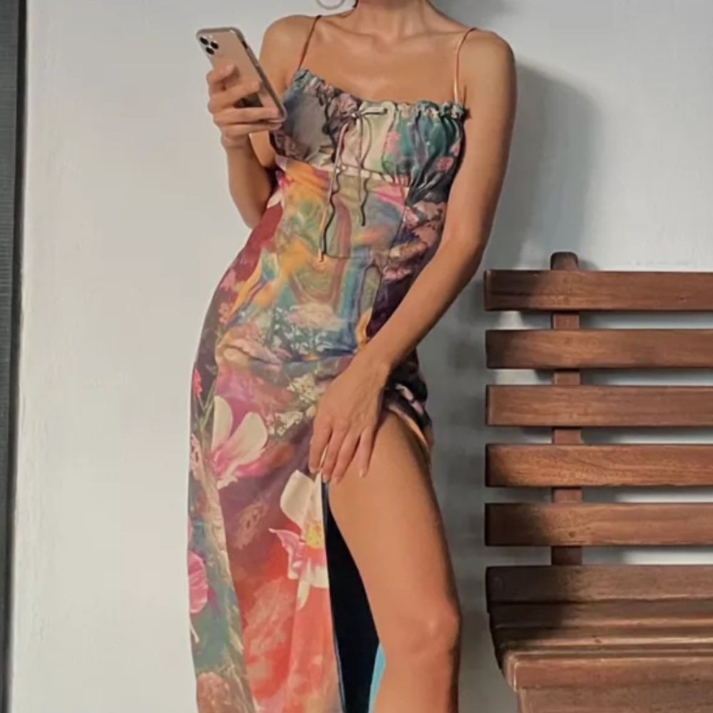 UO April Tie-back midi slip dress in Neutral Multi